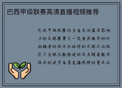 巴西甲级联赛高清直播视频推荐